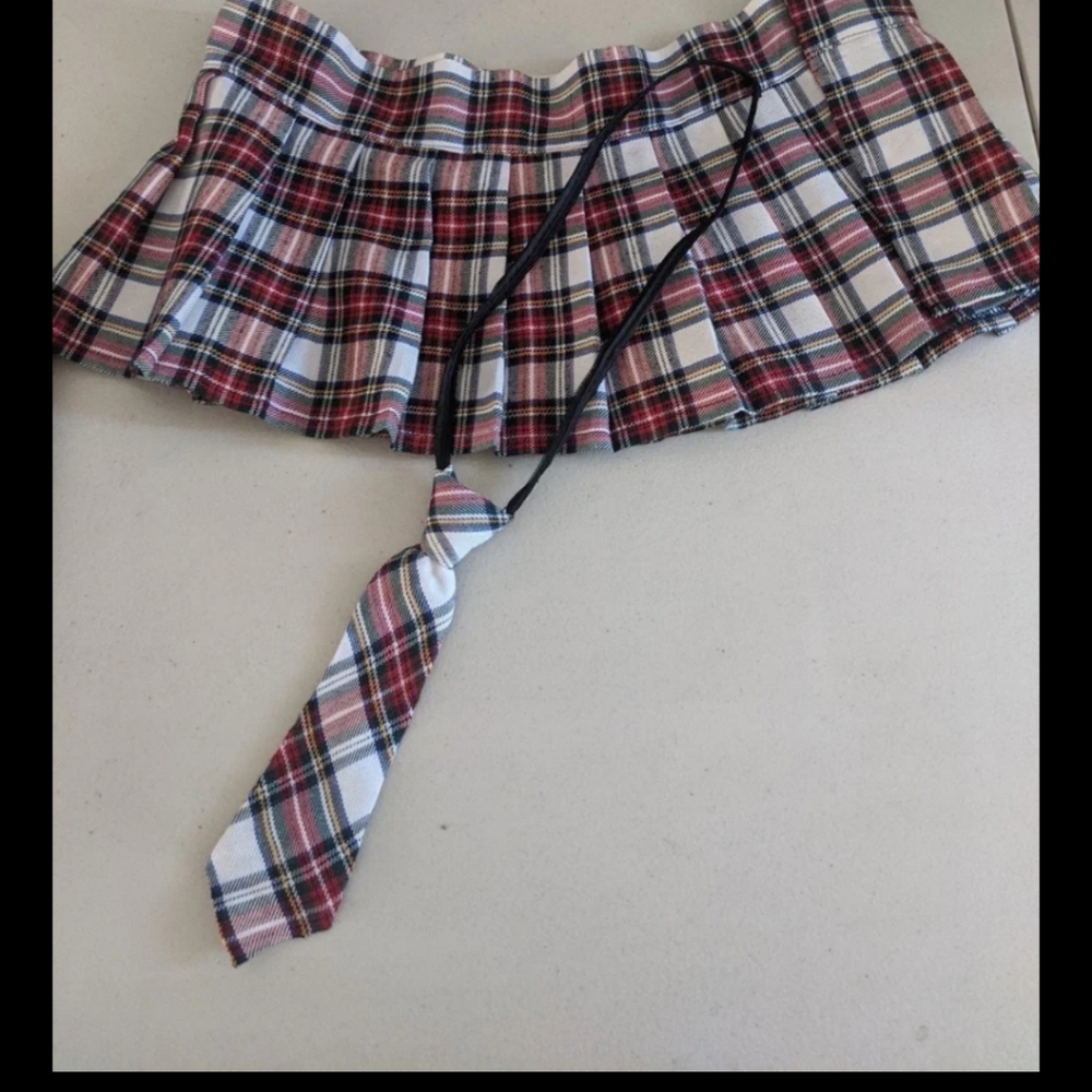 Vintage Rare Retro Micro Mini School Girl Skirt Plaid Red White Costume Preppy
